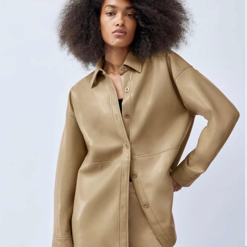 ARITZIA BABATON Pelli Faux Leather Shirt Jacket Shacket Taupe Womens Size Large